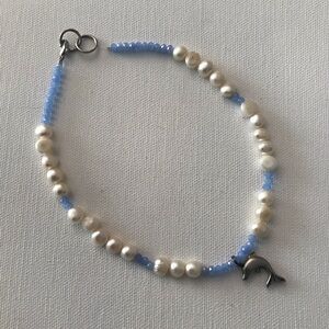 Silver Tone Puffy Dolphin Faux Pearl Blue Glass Beaded Choker Necklace 15”